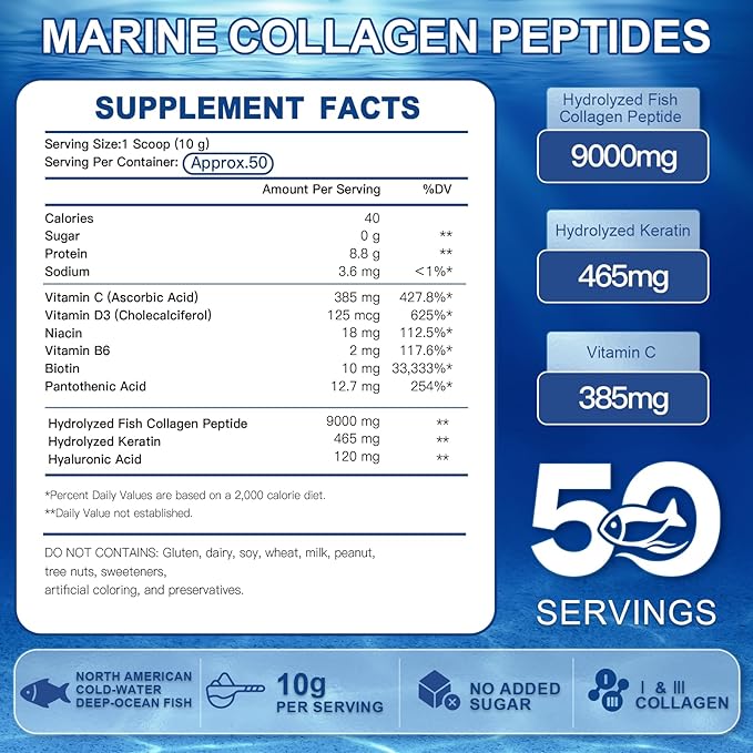 ZEBORA Marine Collagen Peptides Powder 50 Servings - Wild Caught Hydrolyzed Fish Collagen with Hyaluronic Acid, Keratin, Multivitamins - Collagen for Women Support Skin Hair Nail Joint, Keto Friendly
