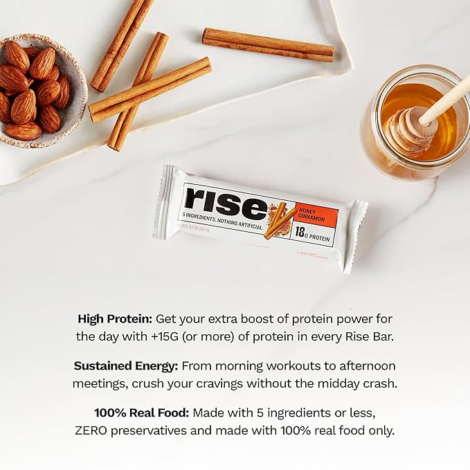 Rise Whey Protein Bars - Honey Cinnamon | Breakfast Bar & Protein Snack 18g Protein 4g Fiber Just 5 Whole Food Ingredients Gluten-Free Soy Free