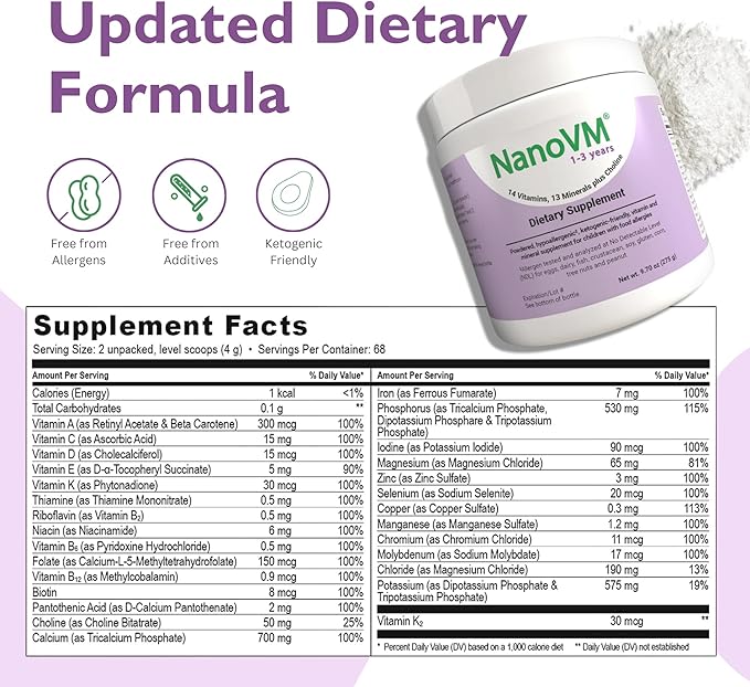 1-3 Years, Allergen-Free Multivitamin for Kids, Unflavored Dietary Supplement, Powdered Supplement with 14 Vitamins & 13 Minerals, Low-Carbohydrate Toddler Vitamins, 275g - Solace Nutrition