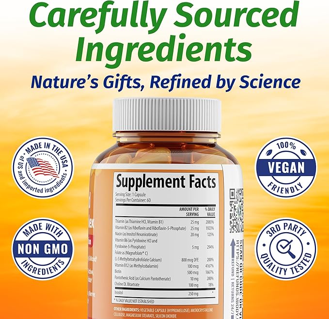 Vitamin B Complex – Methylated B Vitamins for Energy, Brain & Metabolism Support | BioActive B Complex Vitamins for Women & Men with Methyl Folate (5-MTHF) & Methyl B12 – 60 Count