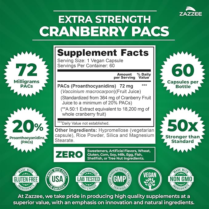 Zazzee Cranberry PACs, 72 mg PACs per Capsule, 2X Strength, 100% Soluble, 60 Vegan Capsules, 50:1 Extract, 18,200 mg Strength, Fast-Acting, Effective Urinary Tract Support, Made in The USA