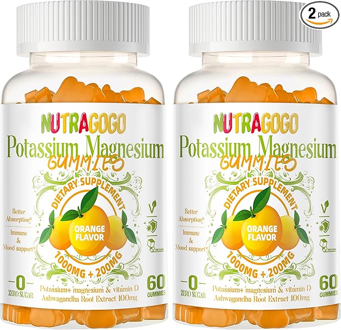 Potassium Magnesium Gummies,Potassium Supplement w/Ashwagandha,High Absorption Magnesium Glycinate,B6,D3,Potassium Citrate for Leg Cramps,Muscle,Electroyte for Adults Kids,Sugar-Free, 120 Gummies