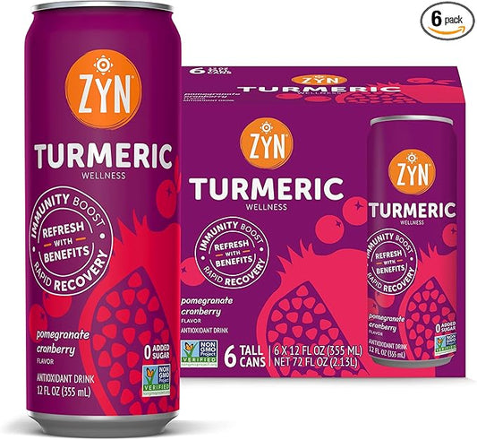 ZYN Turmeric Wellness Drink (6 Pack), Pomegranate Cranberry Flavored Turmeric Curcumin Drink with Black Pepper, No Added Sugar, Low Carb & Low Calorie Drink, Clean Alternative