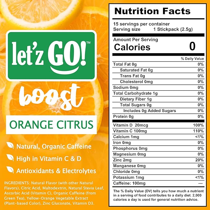 Let'z Go Clean Energy Drink Mix – Natural Caffeine Packets, Vitamins C + D, Electrolytes, Sugar-Free, Zero Calories | Anytime Energy | 15 Count (Orange Citrus)