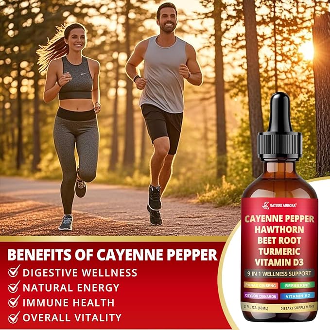 9 in1 Cayenne Pepper Liquid Drops - Cayenne Pepper Extract Drops Supplement Liquid + Hawthorn Berry, Beetroot, Turmeric, Vitamin K2 & D3 - Digestion, Immune and Circulation Support - 2 Fl Oz
