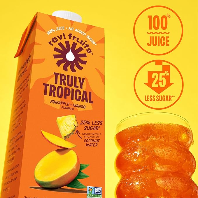 Revl Fruits 100% Juice, No Added Sugar, Pineapple Mango, Truly Tropical, 32 fl oz. Carton (Pack of 2)