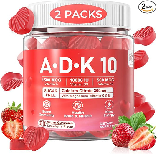 ADK Supplement - Vitamin D3 10000 IU + K2 (MK7) 500mcg + A 5000IU Gummies w/ Calcium Magnesium for Women & Men, K2 D3 Vitamin Supplement for Stronger Bone, Muscle, Vision, Immune, Sugar Free 2Packs