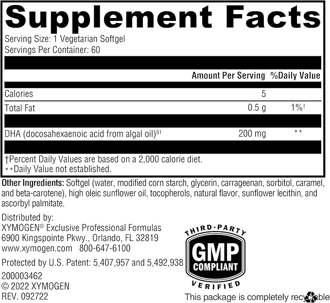 XYMOGEN DHA from Algae - DHA Omega-3 Supplement - Supports Brain, Eye, Heart + Immune Health (60 Softgels)