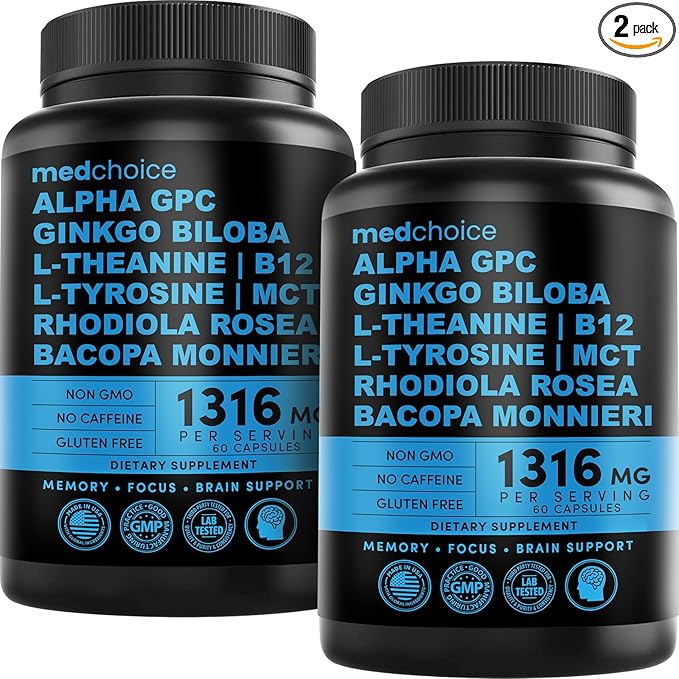 12-in-1 Nootropic Brain Supplement Anhydrous: Ginkgo Biloba for Brain Support, Memory and Focus - B12, Alpha GPC, L Theanine and Choline Supplements with Bioperine non Caffeinated 1321mg (120ct)