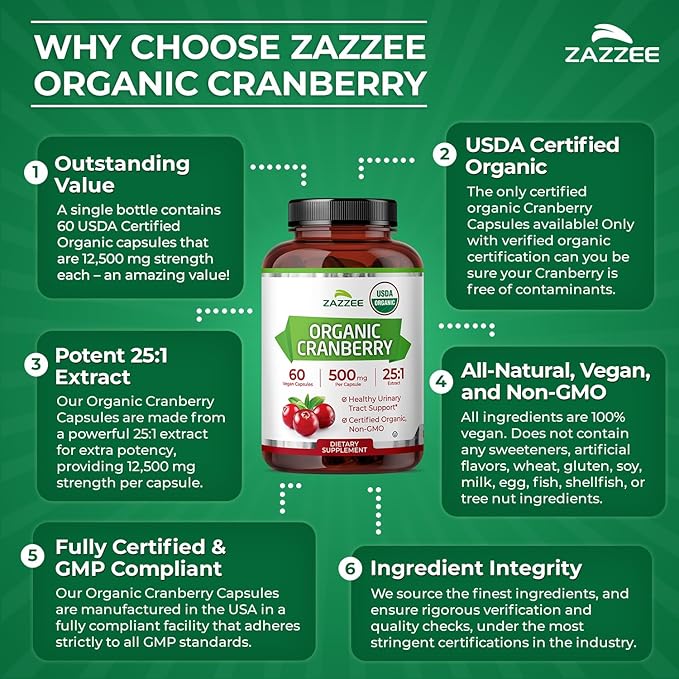 Zazzee USDA Organic Cranberry 25:1 Extract, 500 mg per Capsule, 60 Vegan Capsules, 2 Month Supply, Standardized, Concentrated 25X Extract, 100% Vegetarian, Certified Organic, Non-GMO All-Natural