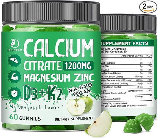 (2 Pack) Calcium Citrate 1200 mg with Vitamin D3 Gummies for Women & Men, Calcium Magnesium Zinc with Vitamin D3 K2 Supplement for Bone & Teeth Support, Natural Apple Flavor - 60 Day Vegan Supply