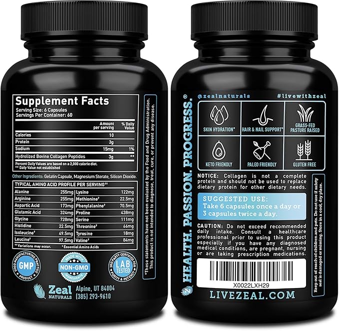 Zeal Naturals Collagen Peptides Collagen Pills (360 Capsules) Grass Fed Collagen Pepetide Powder - Hydrolyzed Collagen Powder for JointTendon SupplementHair Skin and Nails -