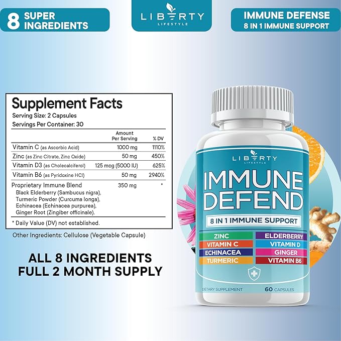 8 in 1 Immune Defense Support, Immunity Capsules Supplement with Echinacea Zinc 50mg, Vitamin C, D3 5000 IU, Turmeric Curcumin & Ginger, Echinacea - for Kids Adults (1 Pack)