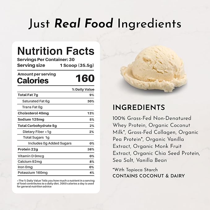 JUST INGREDIENTS French Vanilla Protein Powder – 30 Serving Bag – Grass-Fed Whey & Plant Protein Blend with Real Vanilla Bean – Sweetened with Coconut Sugar & Monk Fruit, Non-GMO, Gluten-Free