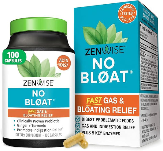 Zenwise Health No Bloat Digestive Enzymes for Gut Health, Gas & Bloating Relief - Multi Enzymes Digestion Supplement with Probiotics, Ginger, Turmeric Dandelion & Lactase - Men & Women - 100 Count