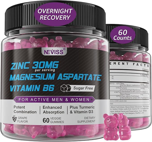 Zinc and Magnesium Supplement, Zinc Magnesium Aspartate Post Workout Gummies for Men Women, with Vitamin B6, B12, D3, Turmeric for Nighttime Recovery, Reduce Fatigue, Boost Immunity & Sleep, 60 Count
