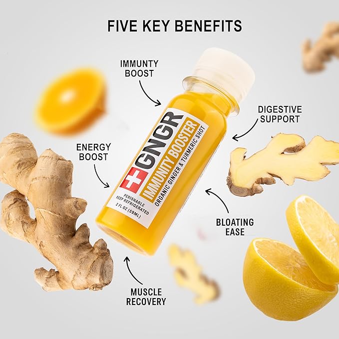 +GNGR Immunity Booster Organic Ginger and Turmeric Shot - Cold Pressed Ginger Shots with Turmeric, Cayenne Pepper, Orange, Lemon for All Natural Immune & Digestive Support 2 fl oz (Pack of 12)