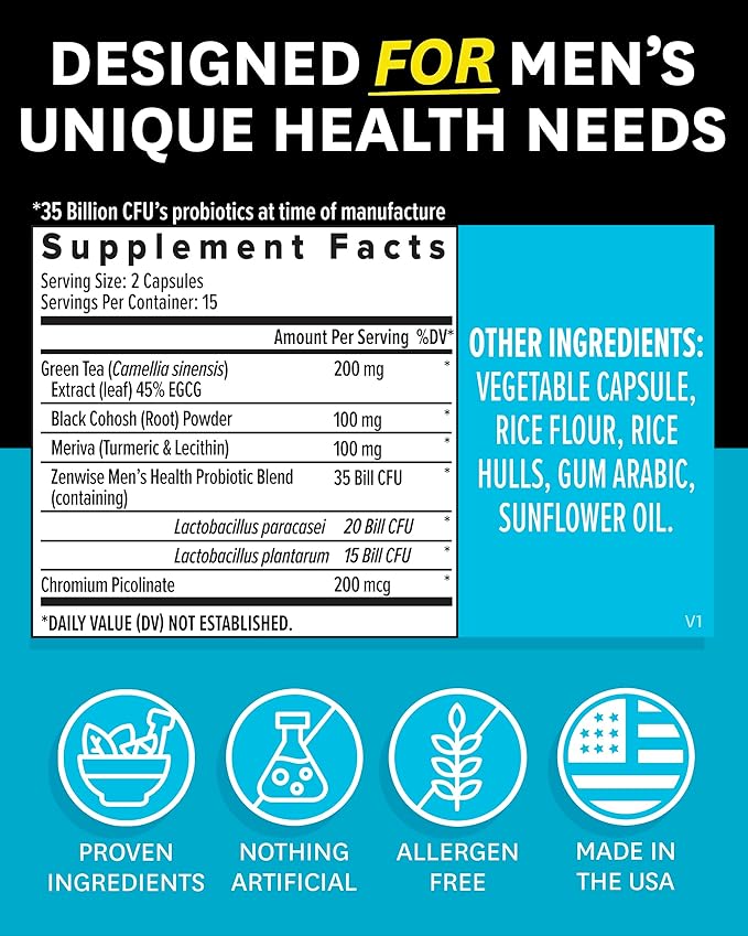 Zenwise Health Probiotics for Men - 35 Billion CFUs Daily Probiotic for Men's Digestive Health - Green Tea Extract, Meriva, and Chromium Picolinate for Microbiome Balance + Antioxidant Support - 30 CT