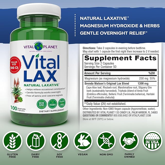 Vital Planet - Vital Lax Natural Laxative Cleanse Supplement for Occasional Constipation, with Magnesium Hydroxide, Slippery Elm, Aloe, and Triphala to Support Bowel Regularity 100 Capsules