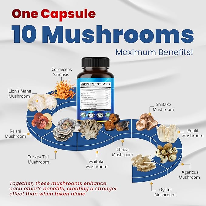 10 in 1 High Strength Mushroom Supplement - Lions Mane, Cordyceps, Reishi - Brain Supplements for Memory and Focus ** 5-Month Supply