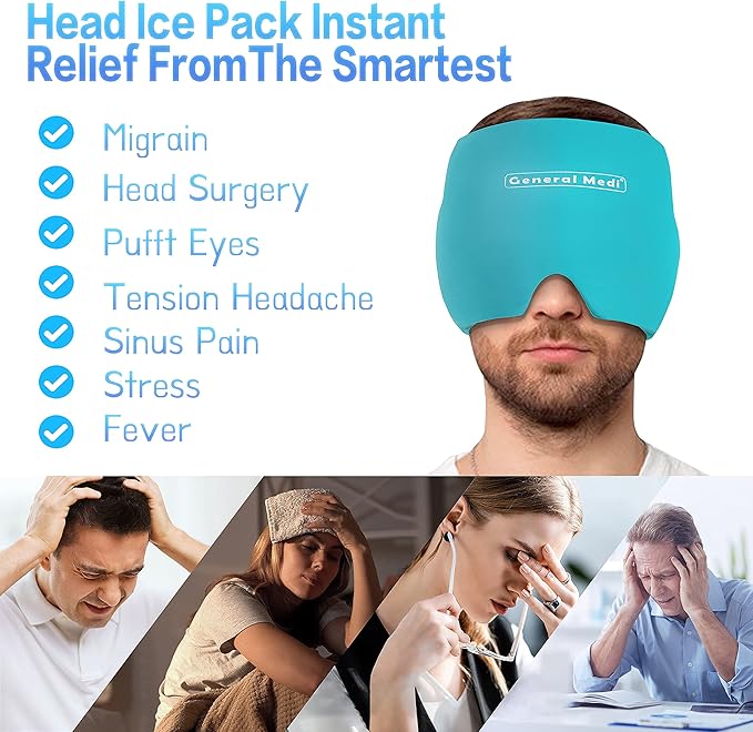 General Medi Headache & Migraine Ice Wrap Cap, Cold Therapy Migraine Relief Hat, Headache Ice Hat Cold Compress, Great for Puffy Eyes, Tension, Sinus & Stress Relief (Blue)