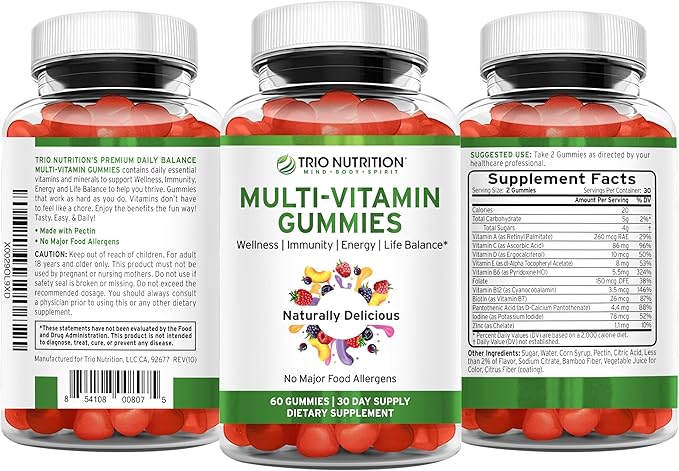TRIO NUTRITION Daily Multivitamin Gummies for Men & Women - Natural Fruit Flavor with Essential Vitamins A, B, C, D, E & Zinc - No Major Allergens Immune Support & Energy Boost Supplement