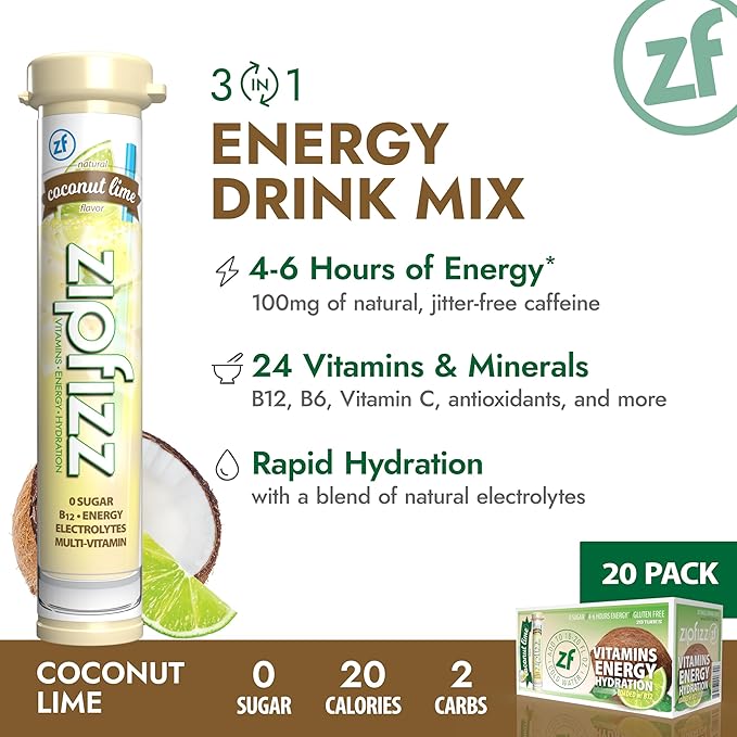 Zipfizz Daily Energy Drink Powder, Coconut Lime, 20 Pack | 3-in-1 Sustained Energy, Rapid Hydration, and Essential Vitamins | Sugar-Free | Electrolyte Powder | Contains Vitamin B-12 & Antioxidants