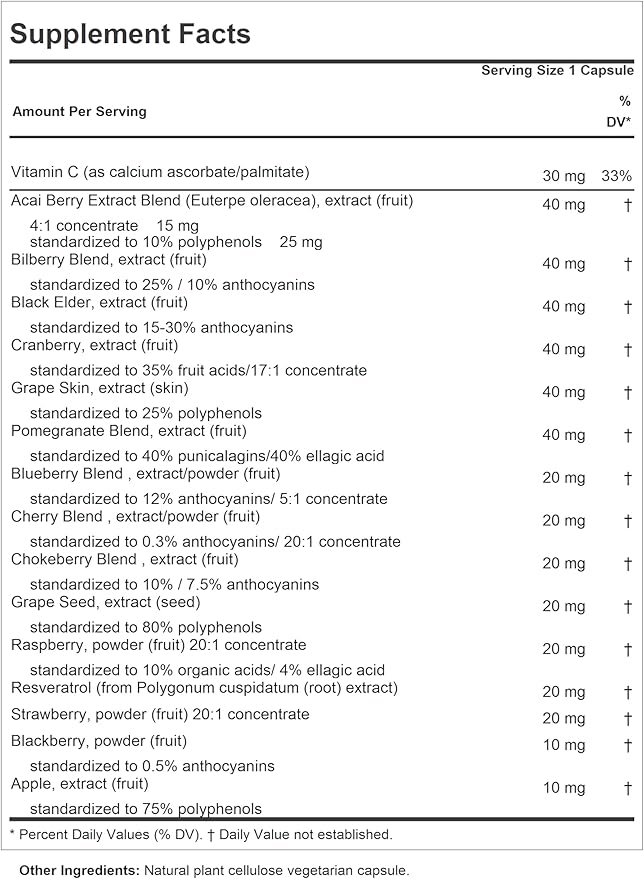 ANDREW LESSMAN Fruit Full Anti-Oxidant Extracts 60 Capsules - 14 Natural Fruit and Berry Extracts. Bilberry, Cranberry, Grape Seed, Pomegranate, Resveratrol, and More. Easy to Swallow Capsules