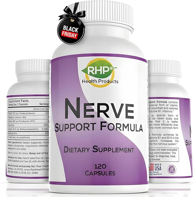 Nerve Support Formula. Nutritional Support of Neuropathy, Nerve Relief from Aches, Nerve Pain & Discomfort. B-Complex with Benfotiamine and Methyl B12. 120 Capsules