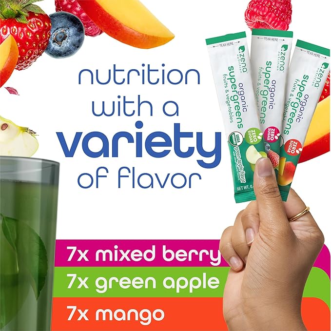 Zena Nutrition Organic Super Greens Powder Variety Pack, 70+ Superfoods, 0 Sugar, 3G Fiber, Spirulina, Chlorella, Antioxidants, Prebiotics/Probiotics, Digestive Enzymes, 21 Drink Mix Packets