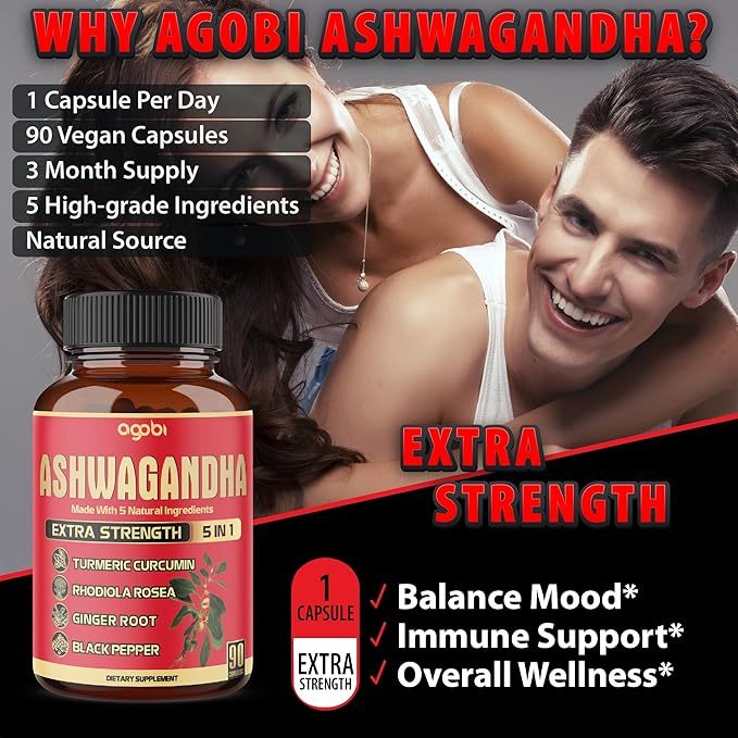 90 Capsules - Ashwagandha Supplement Capsules - Ginger Root, Turmeric, Rhodiola Rosea & Black Pepper