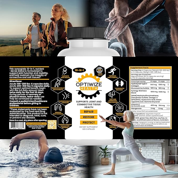 10-in-1 Joint Support Hydrolyzed Collagen,MSM, Hyaluronic Acid, Glucosamine,Chondroitin & More- Targets Joint Discomfort, Improves Mobility & Flexibility 320 Caps for Men & Women Made in USA