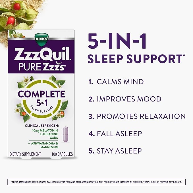 ZzzQuil Pure Zzzs Complete Sleep, Melatonin 10mg, L-Theanine, GABA, with Ashwagandha, and Magnesium, Melatonin Sleep Aid, 100 Count
