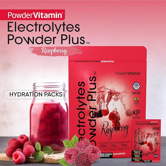 PowerVitamin Electrolytes Powder Packets - Raspberry - Keto Electrolytes for Energy - Hydration Powder with 1000mg Potassium, 120mg Magnesium, Zero Calories - 16 Hydration Packets