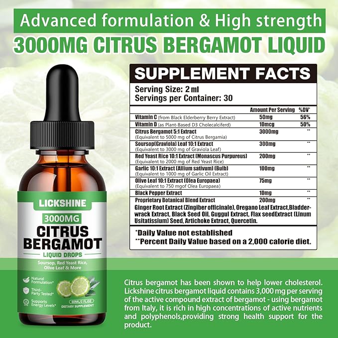 1 Pack 3000mg Citrus Bergamot Liquid Drops - High Absorption - Cholesterol Lowering Supplement for Immune Support Healthy Anti-Aging, Hight Cholesterol - Soursop Bitters Liquid, 2 Fl Oz