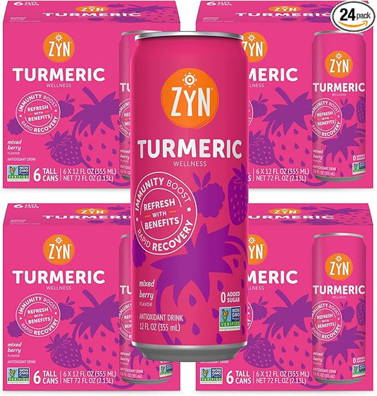 ZYN Turmeric Wellness Drink (24 Pack), Mixed Berry Flavored Turmeric Curcumin Drink with Black Pepper, No Added Sugar, Low Carb & Low Calorie Drink, Clean Alternative
