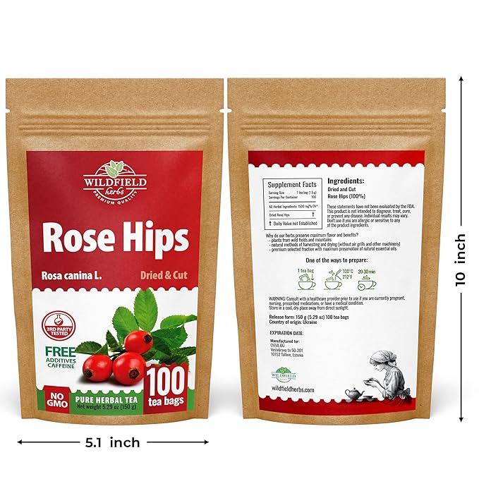 100 Bags Rosehips Tea Dried Rose Hips Crushed (Roza Cinamomea) - 100 Count 1.5 g Tea Bags Rosehip Berries