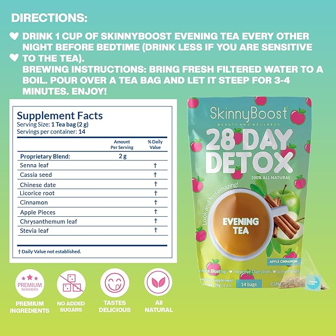 Skinny Boost Detox Tea Kit Slimming Tea for Weight, Metabolism, Energy, Bloating & Colon Cleanse – Green Tea, Herbal, Vegan, Keto, Non-GMO, Sugar-Free-2 PACK –1 Daytime Hibiscus (28 Bags) + 1 Evening Apple -(14 Bags)