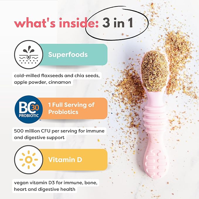Organic Milled Chia & Flax Seed Digestion Blend with VITAMIN D + PROBIOTICS Prebiotic Fiber Superseeds for 6M+ Babies Toddlers & Kids for Digestive Support (Apple & Cinnamon, 7oz x 2 Pack)