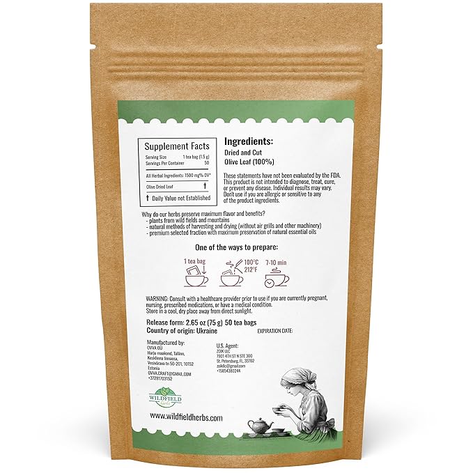50 Bags Olive Leaf Tea Dried Olive Leaf Herbal Tea (Olea Europaea) - 50 Count 1.5 g Bags Hojas De Olivo Secas