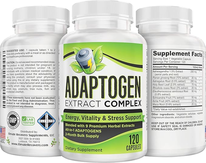 2-Month ADAPTOGEN Blend Supplement All-in-1 Formula with 9 Active Ingredients | Adaptogens | Herbal Extracts | Adaptogen Supplements | Adaptogenic Complex | 60-Day Bulk Supply | 120 Capsules