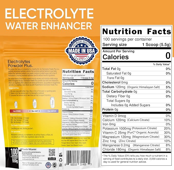 PowderVitamin Electrolytes Powder Plus (100 Servings) Tangerine Pineapple Electrolyte Powder Zero Calorie Keto,0Sugar, No Maltodextrin,1000mg Potassium,120mg Calcium,120mg Magnesium, Hydration Powder