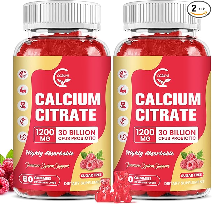 (2 Pack) Sugar Free Calcium Citrate Gummies 1200 mg with Vitamin d3, K2, Magnesium, Zinc for Bone, Muscle & Immune Support, High Absorption Calcium Supplement for Women, Raspberry Flavor, 60 Chews