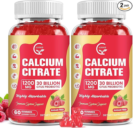 (2 Pack) Sugar Free Calcium Citrate Gummies 1200 mg with Vitamin d3, K2, Magnesium, Zinc for Bone, Muscle & Immune Support, High Absorption Calcium Supplement for Women, Raspberry Flavor, 60 Chews