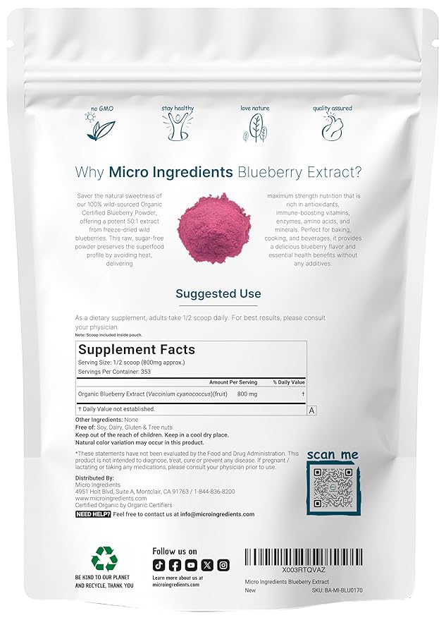 Organic Blueberry Extract Powder, 10oz | 100% Natural Fruit Powder | Freeze-Dried Wild Blueberries Source | No Sugar & Additives | Great Flavor for Drinks, Smoothie, & Beverages | Non-GMO & Vegan