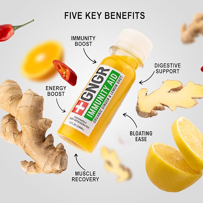 +GNGR Immunity Aid Organic Ginger, Lemon & Honey Shot - Cold Pressed Ginger Shots with Echinacea, Lemon Juice, Honey, Zinc & Vitamin D3, Immune & Digestive Support 2 fl oz (Pack of 12)