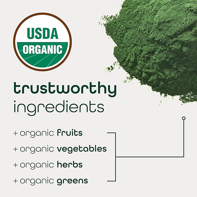 Zena Nutrition Organic Super Greens Powder, 70+ Superfoods, 0 Sugar, 3g Fiber, Spirulina, Chlorella, Mushrooms, Prebiotics/Probiotics, Digestive Enzymes, Gut Health, Green Apple, 30 Drink Mix Packets