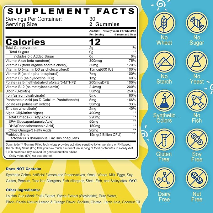 (2 Pack) Kids Multivitamin Gummies with Iron, Sugar Free, Kids Daily Vitamins + Probiotics, Algae Omega 3 (EPA/DHA), A, C, D, Methyl B12, Folate, B6, Zinc, Biotin, for Healthy Growth, Immune Support