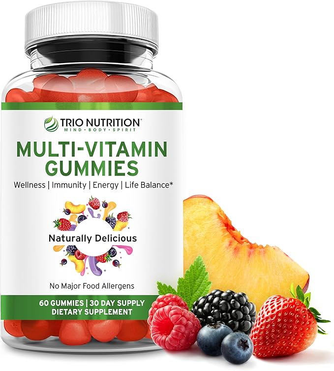 TRIO NUTRITION Daily Multivitamin Gummies for Men & Women - Natural Fruit Flavor with Essential Vitamins A, B, C, D, E & Zinc - No Major Allergens Immune Support & Energy Boost Supplement