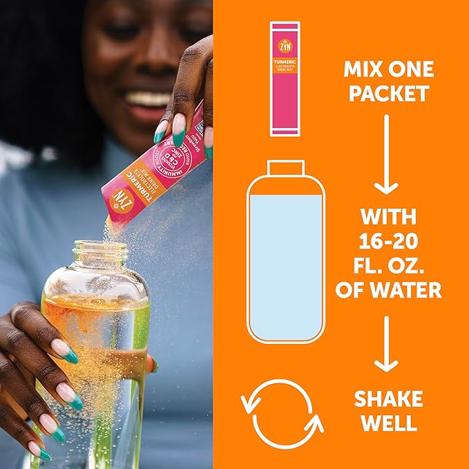 ZYN Electrolyte Drink Mix Hydration Packets, Strawberry Yuzu Electrolytes Powder, Hydration Packets w/Turmeric Curcumin, Vitamin C & D, Zinc, Hydrate & Recover Electrolyte Powder, Pack of 32